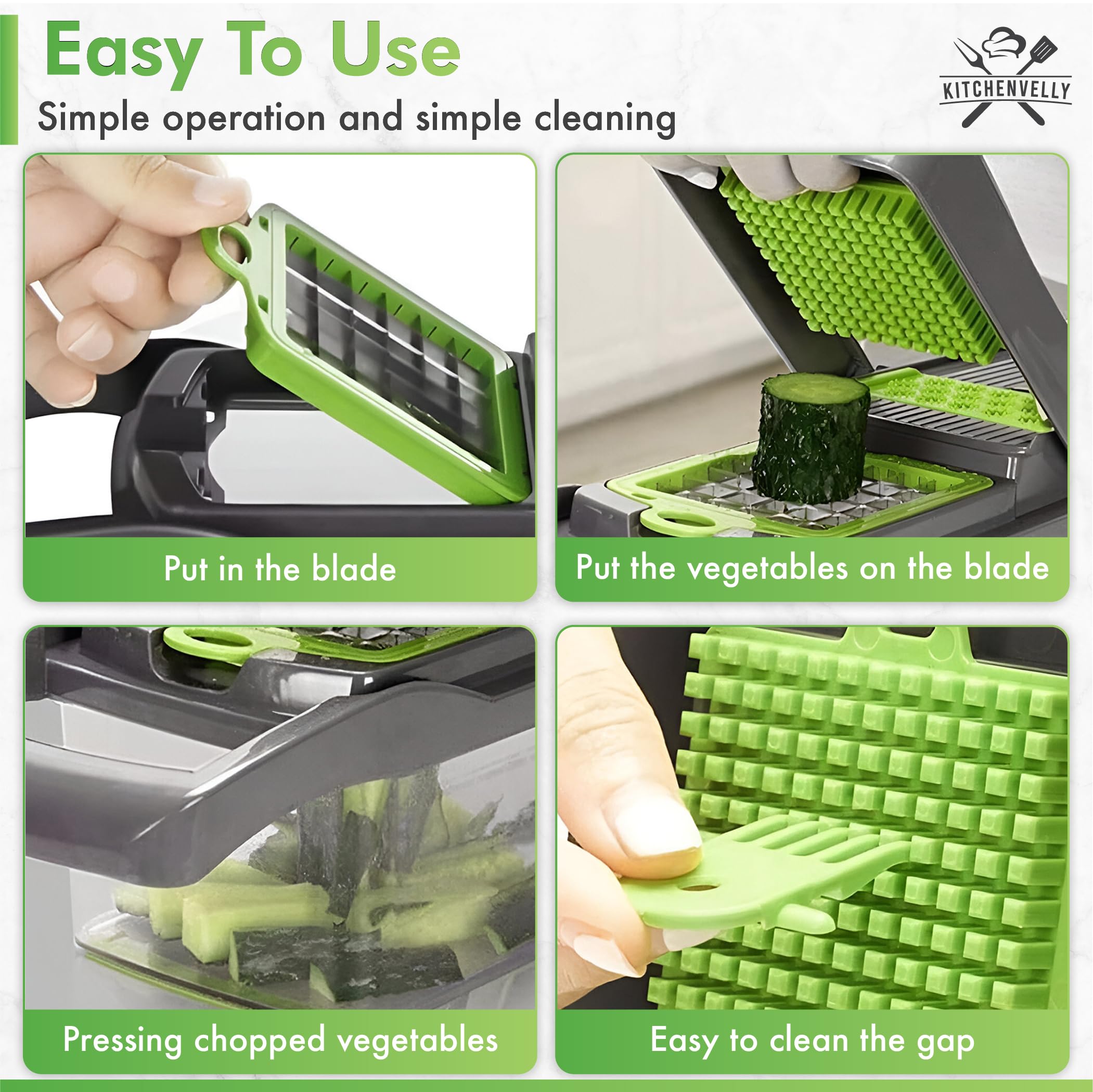 Kitchenvelly Vegetable Chopper 16 in 1 with Container, Veggie Chopper Food Chopper and Dicer, Onion Chopper Vegetable Cutter with 8 Stainless Steel Blades, Easy Meal Prep Kitchen Tool, Green
