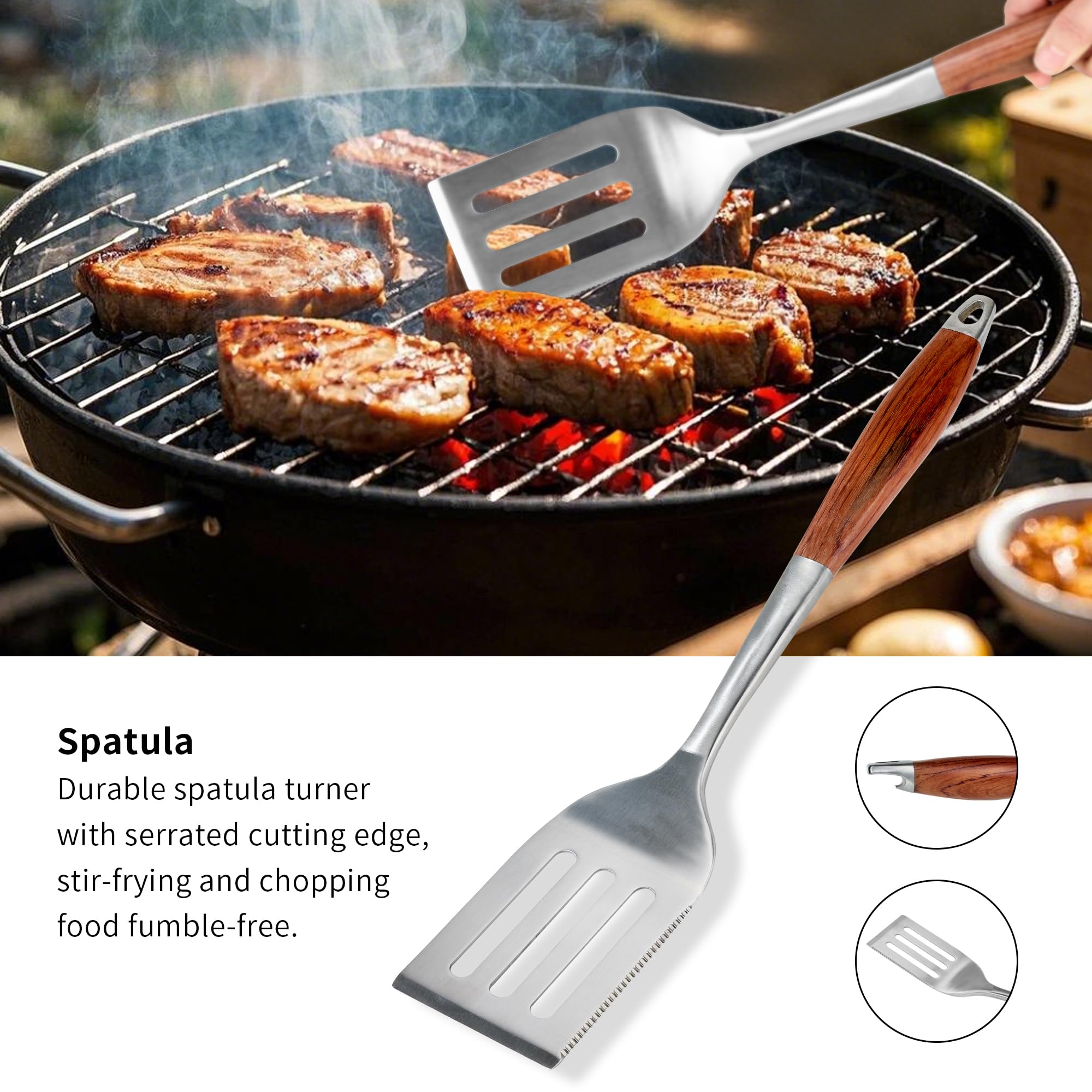 FJNATINH Heavy-Duty Grilling Accessories Rose Wooden BBQ Grilling Tools Set,Outdoor Grill Set with Spatula, Fork & Tongs,Essential Accessories for Barbecue & Grill. Ideal Gift for Men