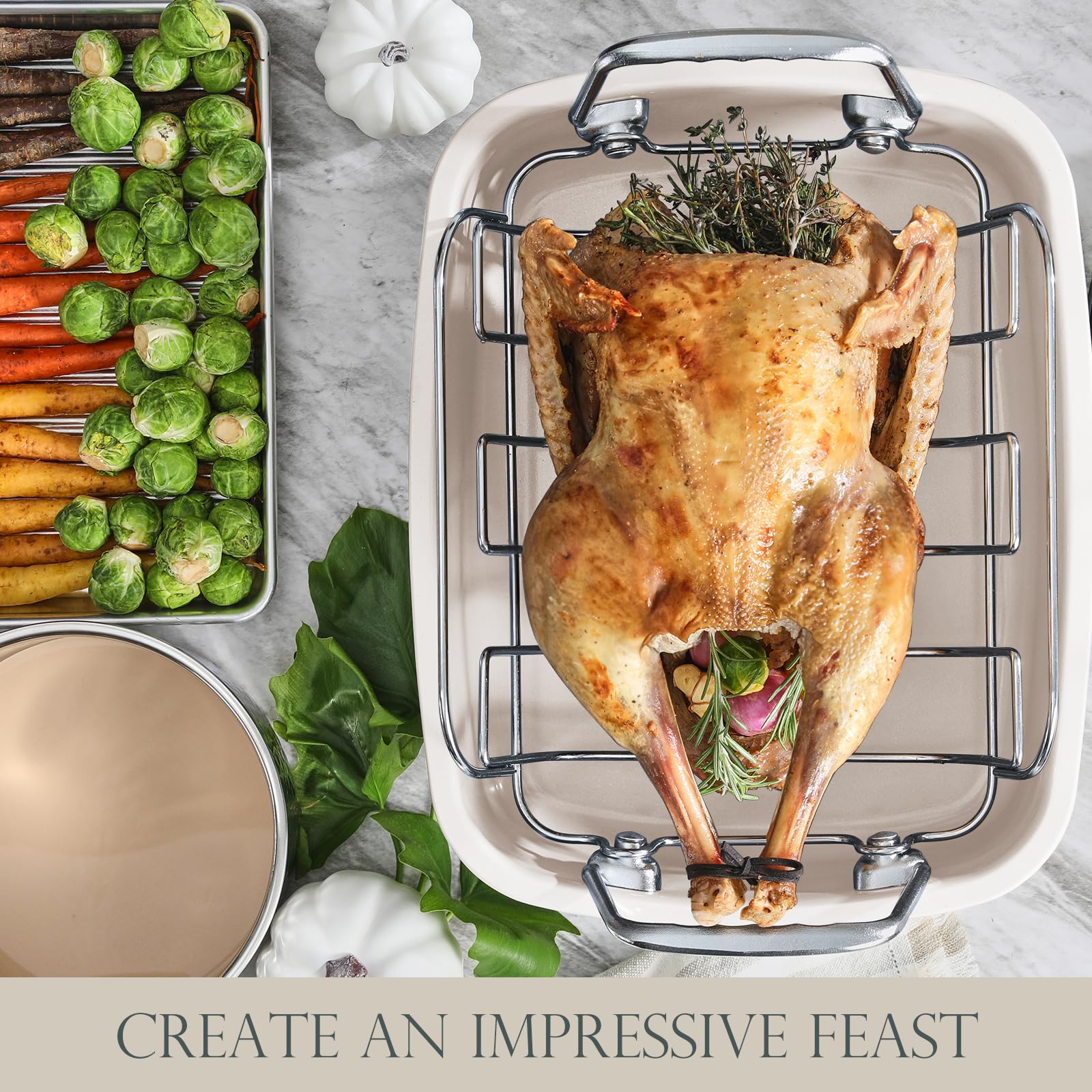 KITESSENSU Nonstick Turkey Roasting Pan with Rack 17 x 14 inch - Large Chicken Roaster Pan for Oven - Wider Handles & Heavy Duty Construction - Suitable for 24lb Turkey, Red