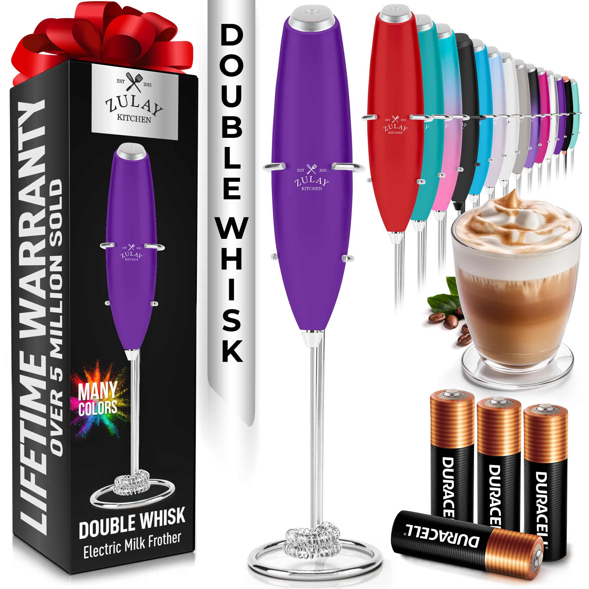 Zulay Kitchen Powerful Milk Frother Wand With Duracell Batteries - Ultra Fast Handheld Drink Mixer - Electric Whisk Foam Maker for Coffee, Lattes, Cappuccino & Matcha - Double Whisk - Purple