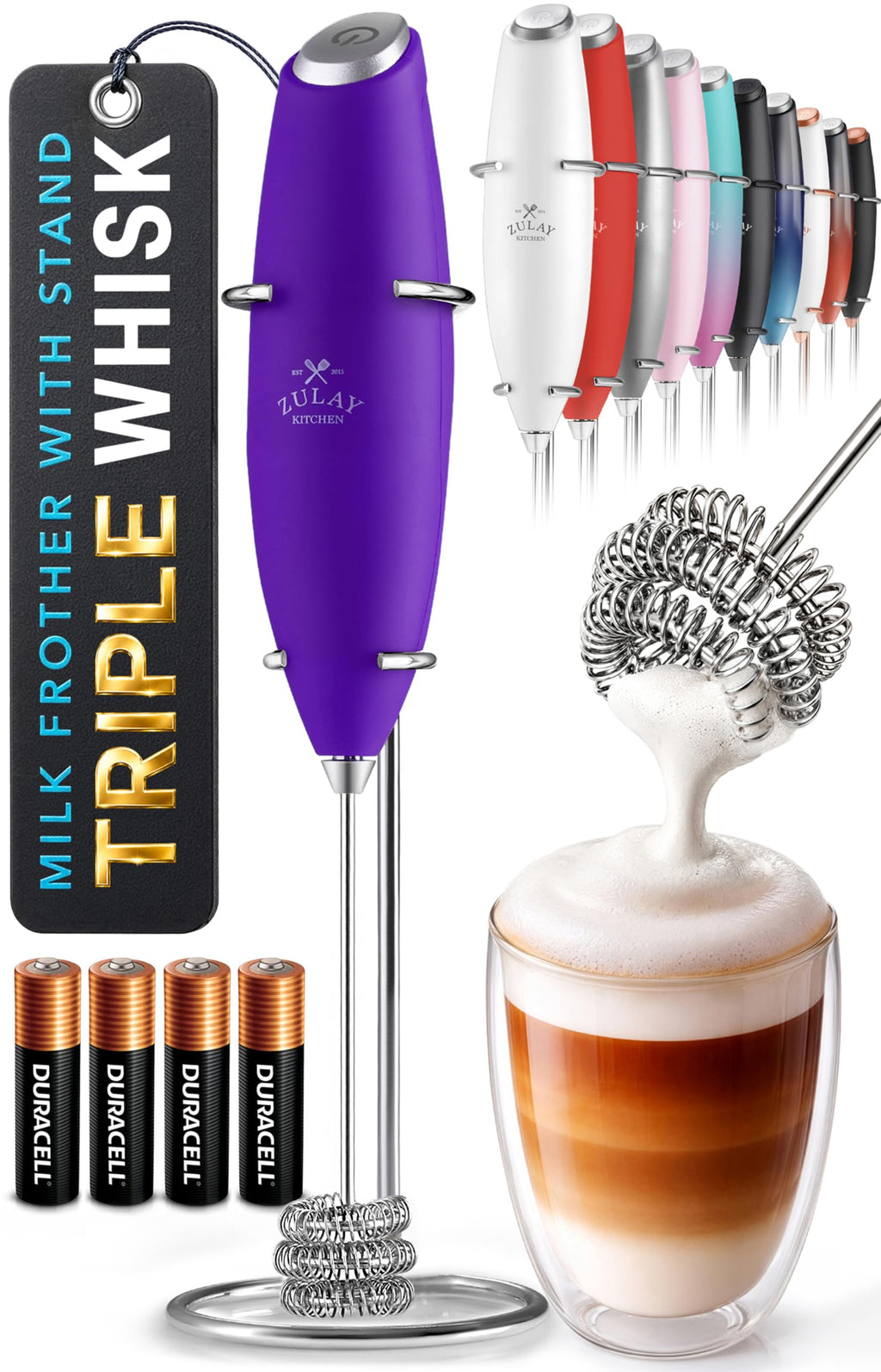 Zulay Kitchen Powerful Milk Frother Wand With Duracell Batteries - Ultra Fast Handheld Drink Mixer - Electric Whisk Foam Maker for Coffee, Lattes, Cappuccino & Matcha - Z1 Motor - Aqua