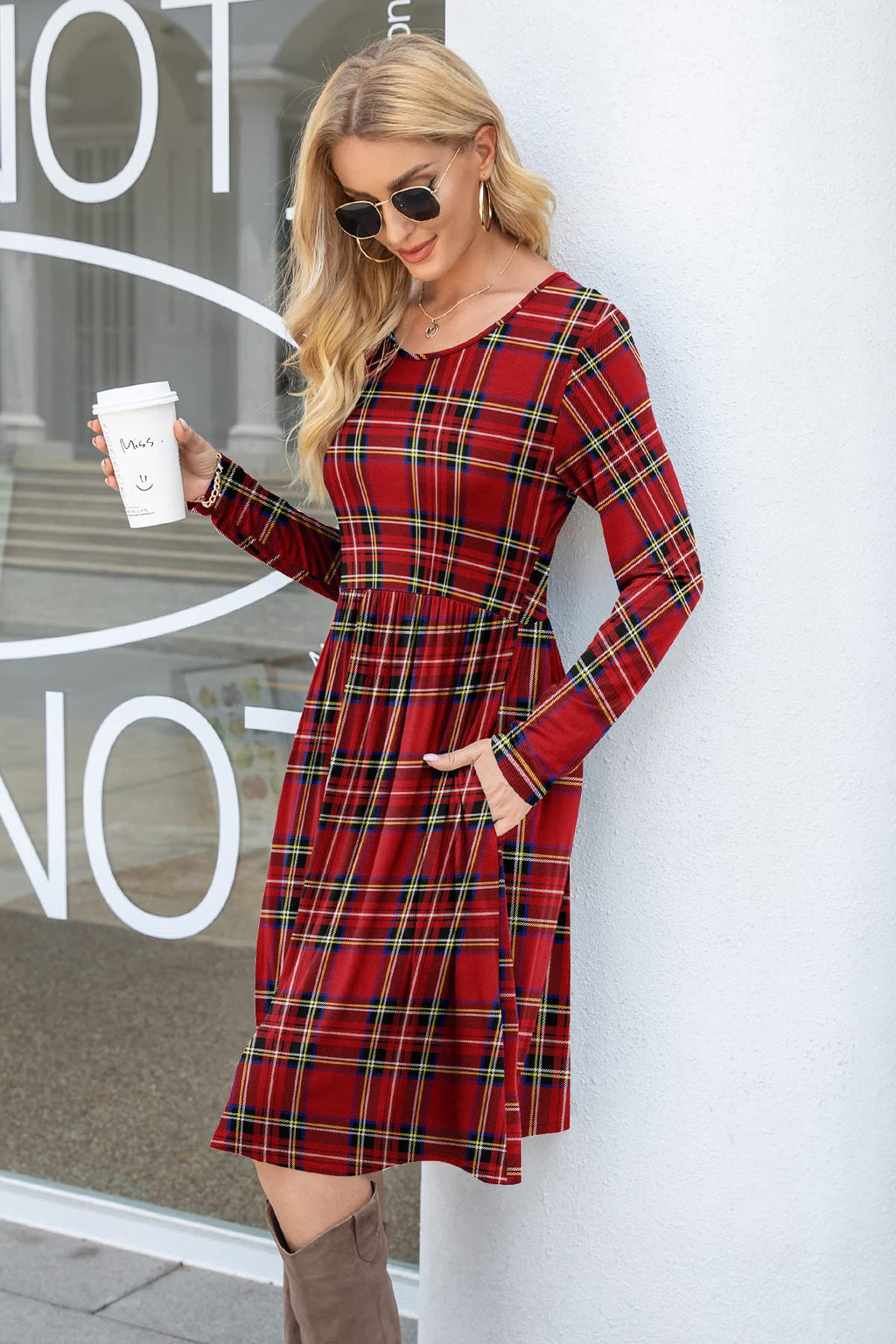 DB MOON Womens Casual Long Sleeve Dresses Empire Waist Knee Length Loose Dress with Pockets (DBL Red Plaid, L)