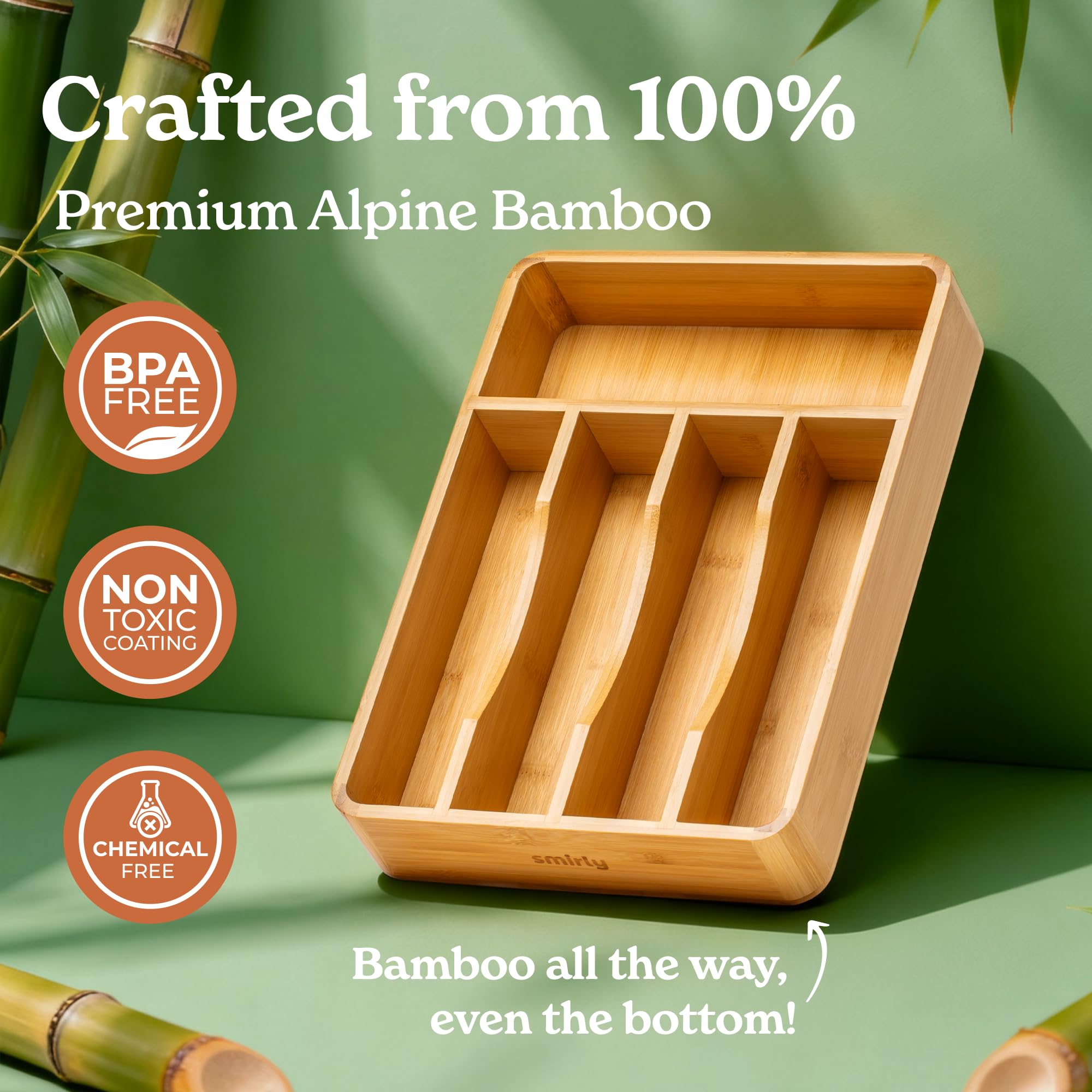 SMIRLY Silverware Drawer Organizer – Bamboo Kitchen Drawer Organizer, Adjustable Utensil Holder and Cutlery Tray, Drawer Dividers for Flatware and Kitchen Utensils