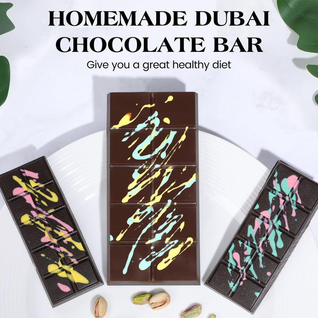 KASHME 4 Pcs Chocolate Bar Mold Deep Dubai 0.85 Inch Stuffed Chocolate Molds Silicone Large Break Apart Silicone Molds (10 Snap + Pyramid)