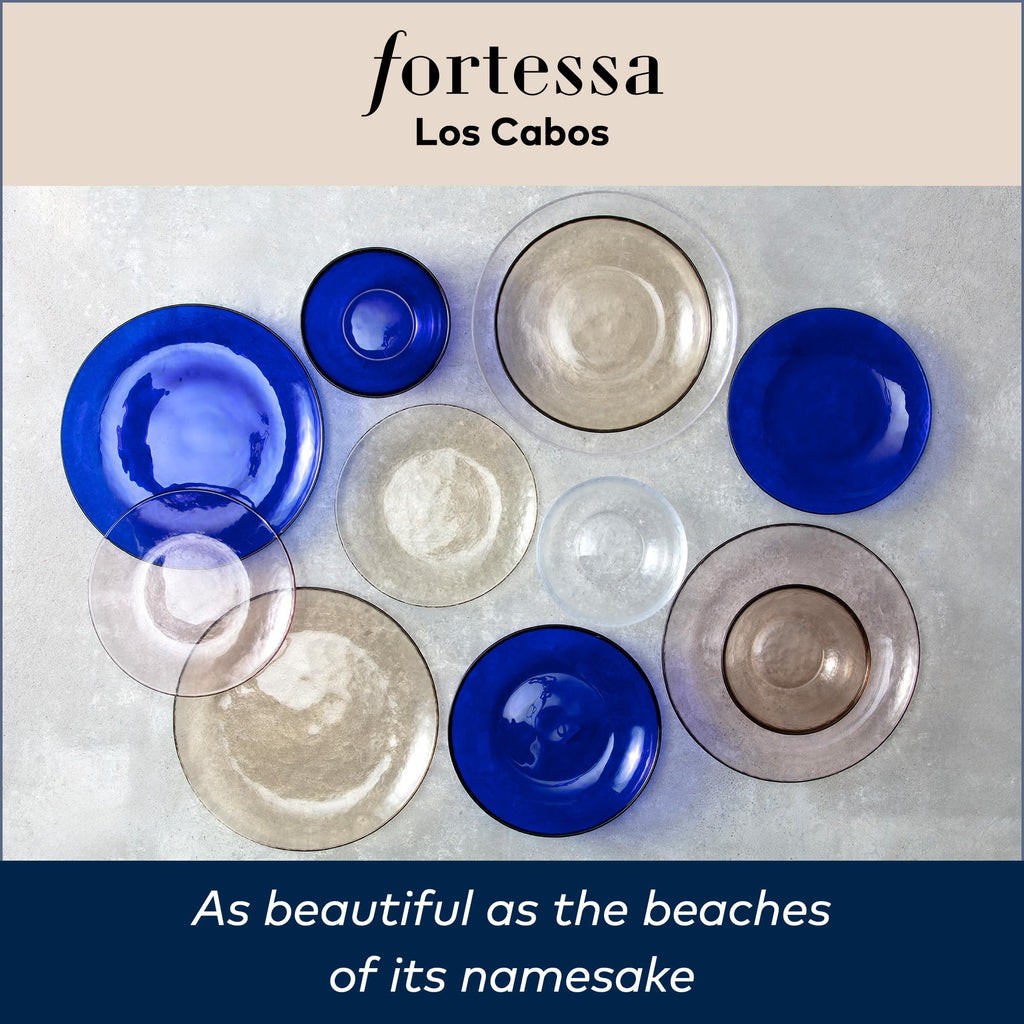 FORTESSA Los Cabos Tableware, 16-Piece Glass Dinnerware Set with 4 Dinner Plates, 4 Salad Plates, 4 Coupe Bowls and 4 Cereal Bowls, Dishwasher-Safe Glass Plate Set, Ginger Root