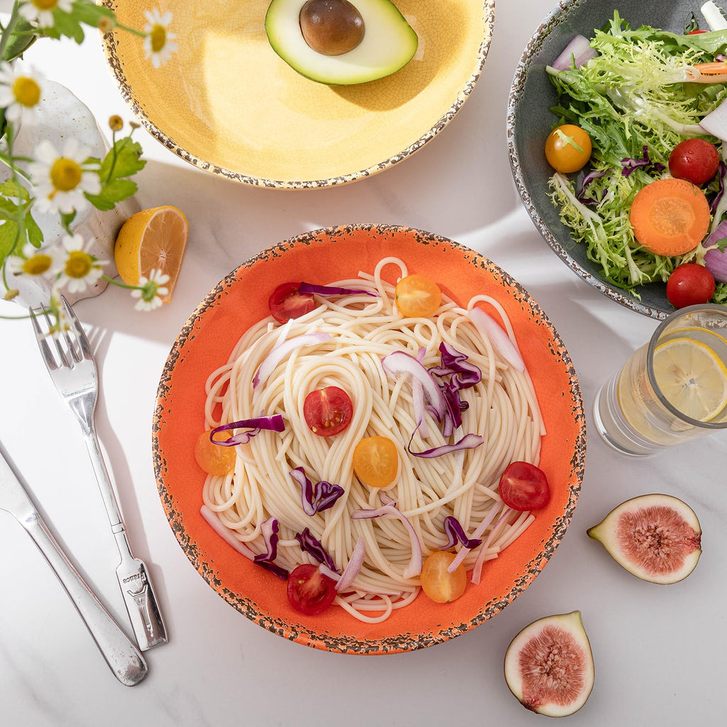 ZAROCRUS Farmhouse Melamine Pasta Bowls set, 42 OZ Large Fruit Bowl, Lightweight and Unbreakable Salad Serving Bowl, Set of 6, 9.25 inch Wide and Shallow Dinner Bowls, Dishwasher Safe,Orange…