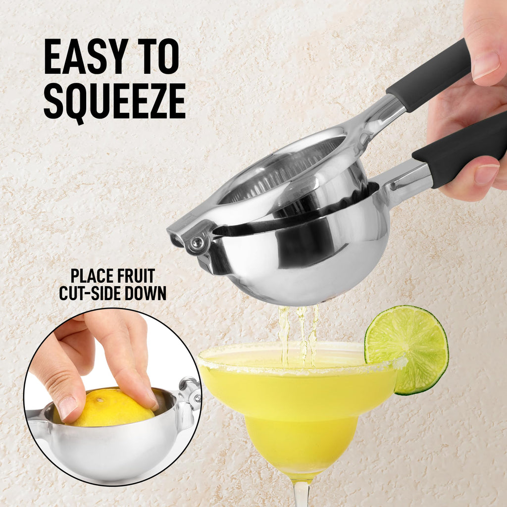 Zulay Lemon Squeezer Stainless Steel with Premium Heavy Duty Solid Metal Squeezer Bowl (Black Grip, Large)