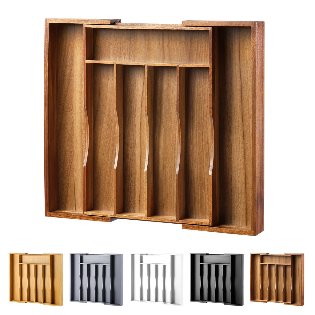 oridom Expandable Bamboo Kitchen Drawer Organizer for Cutlery and Utensils, Adjustable Bamboo Wood Cutlery Tray in Drawer for Flatware and Silverware in Kitchen, (White)