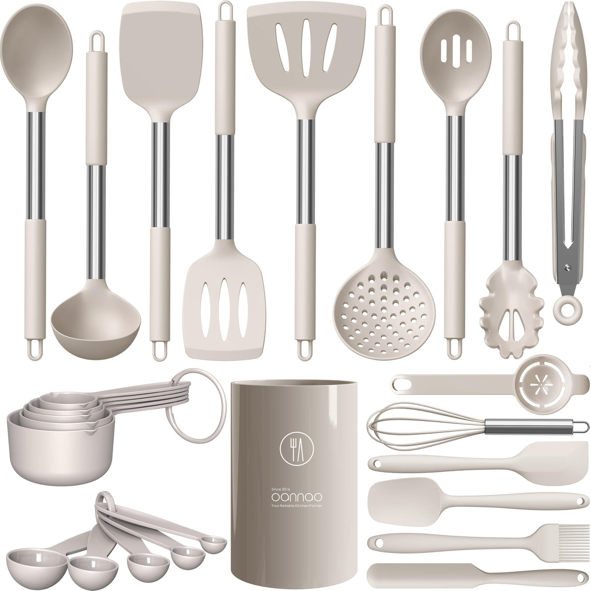 oannao Large Silicone Cooking Utensils Set - Heat Resistant Kitchen Utensils Sets,Spatula,Spoon,Turner Tongs,Whisk,Stainless Steel Cooking Utensil for Nonstick Cookware Dishwasher Safe (Black)