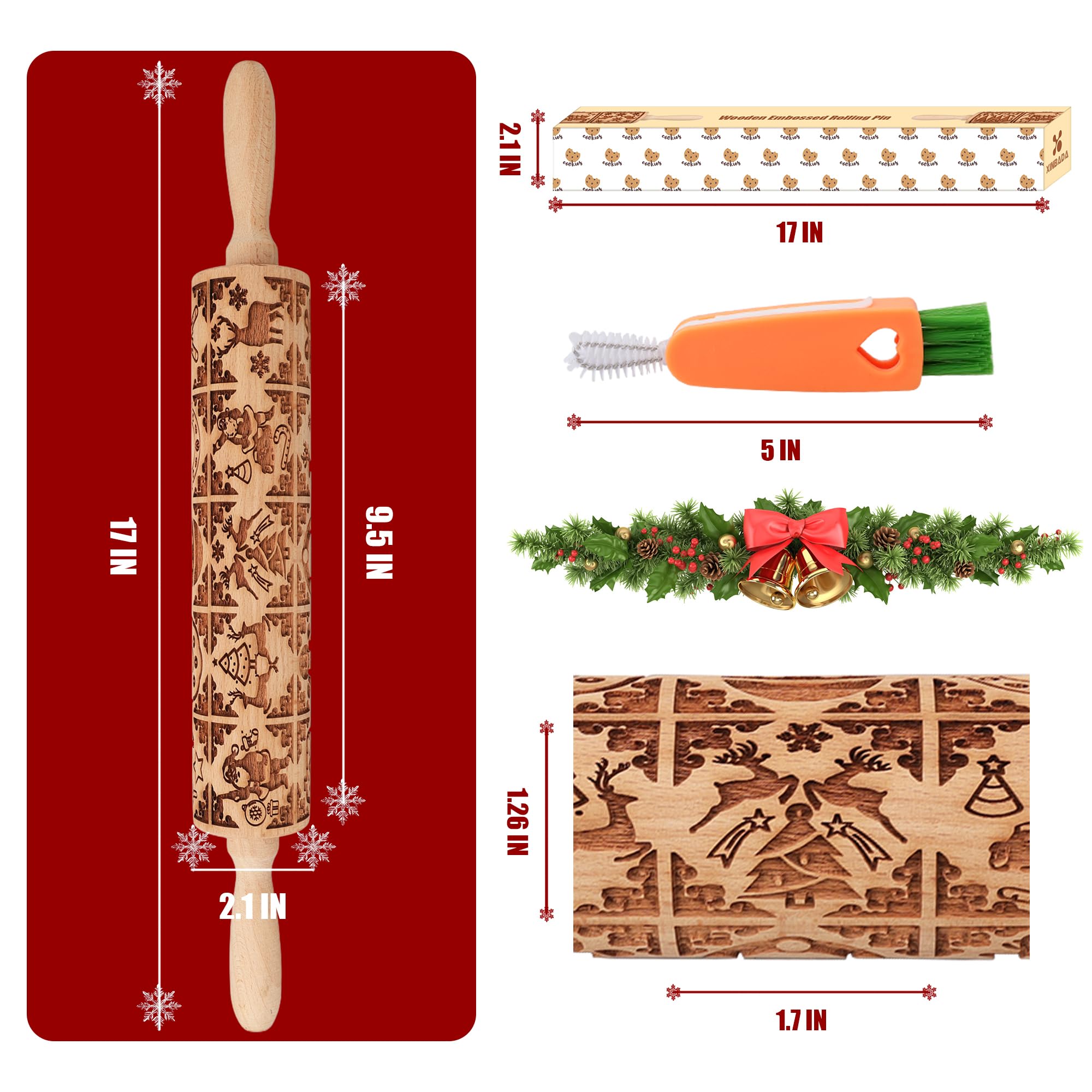 XINBADA 17" Wooden Rolling Pins for Baking with Stamp Embossed Designs