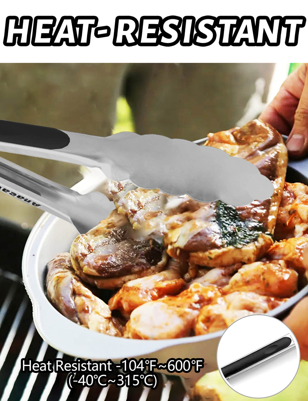 Anaeat 7" Mini Cooking Tong Stainless Steel - Sturdy Coiled Spring Locking Kitchen Food Tong with Non-Slip Silicone Grip for Serving, Cooking, Baking - Heat Resistant up to 480°F (Black)