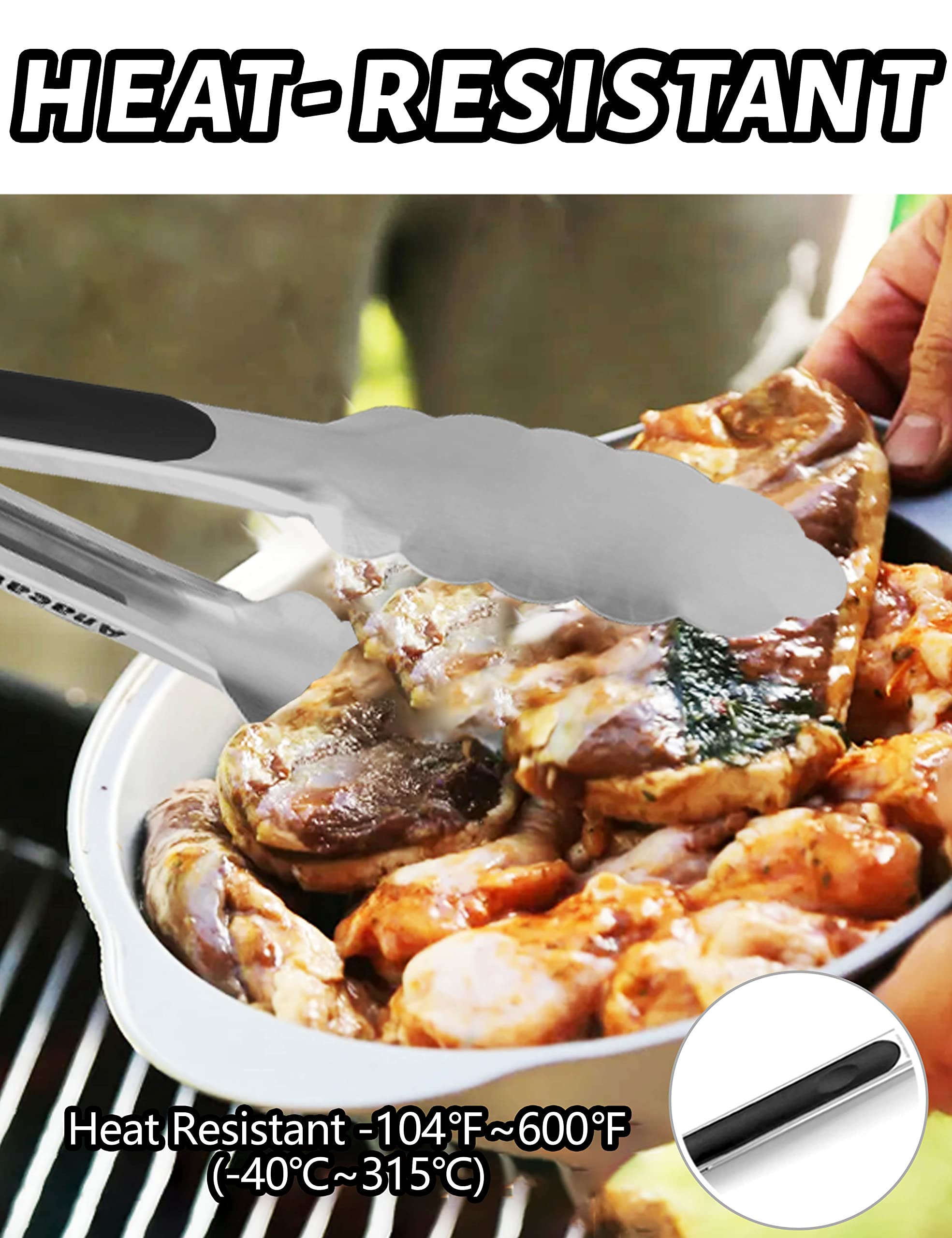 Anaeat 7" Mini Cooking Tong Stainless Steel - Sturdy Coiled Spring Locking Kitchen Food Tong with Non-Slip Silicone Grip for Serving, Cooking, Baking - Heat Resistant up to 480°F (Black)