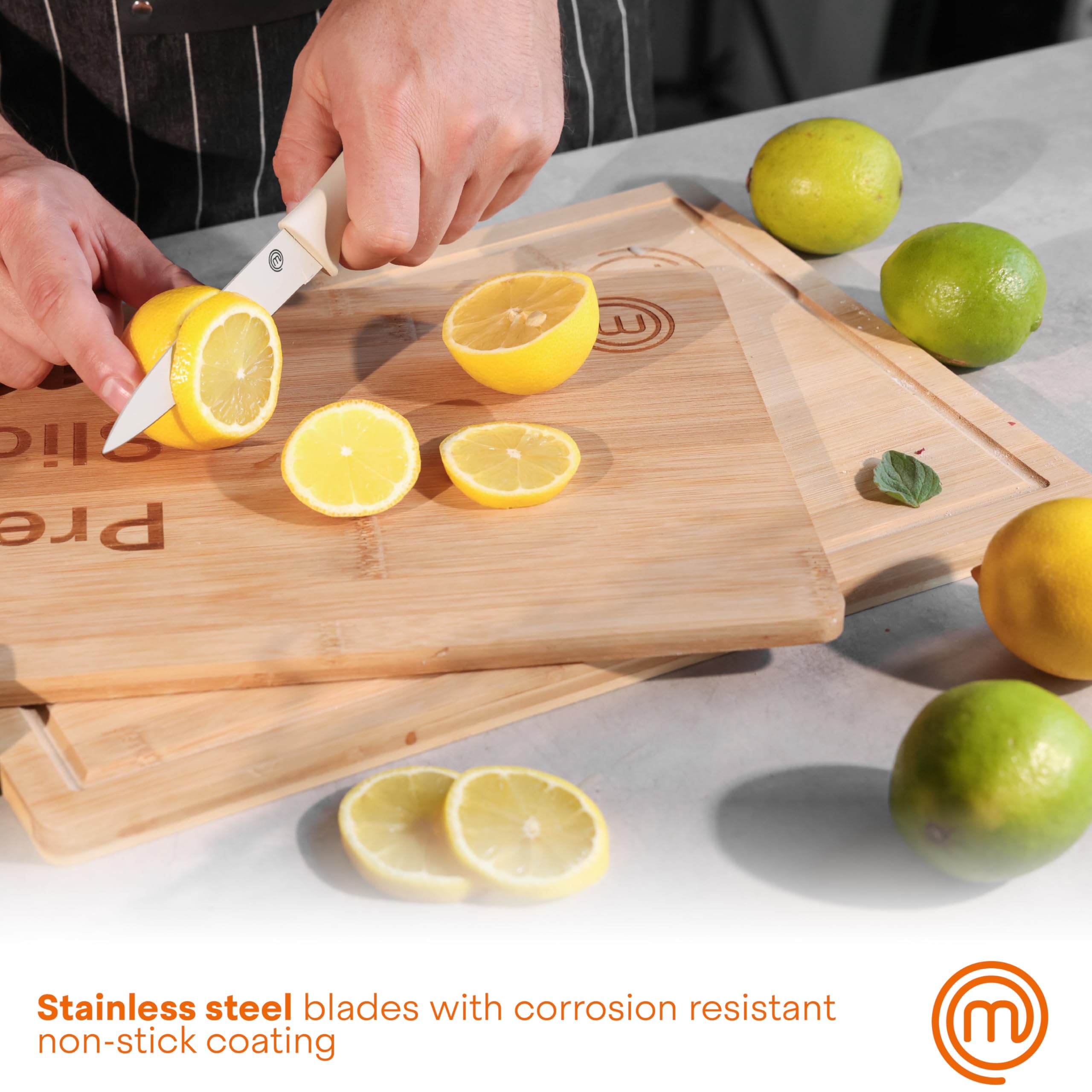 MasterChef Kitchen Knife Set with Covers, 6 Professional Chef Knives for Home Kitchens, Extra Sharp Cutting Stainless Steel Blades & Protective Sheaths, Soft-Touch Easy-Grip Handles, Earth Greys