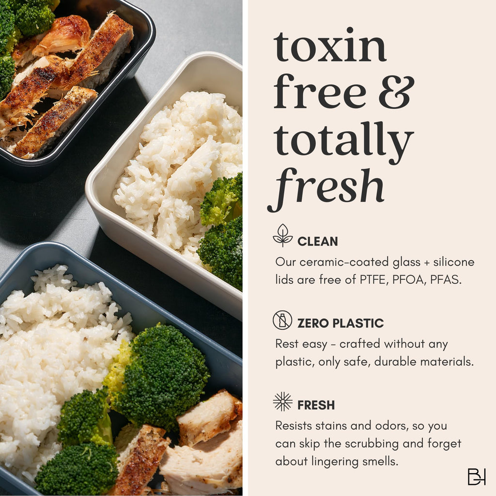 BRIVARA HOME 12-Piece Glass Meal Prep Containers Set with Lids (6 Containers + 6 Lids) | Microwave-Safe Airtight Seal, Oven-Safe Ceramic-Coated Glass | Zero Plastic, No PFAS/PFOA/BPA [Onyx]