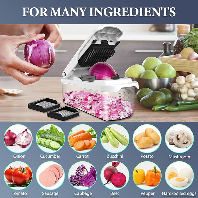 Ourokhome Chopper Vegetable Cutter with Container, Manual Hand Food Onion Dicer with 2 Chopping Blades for Potato Strips, Veggie Cubers, Carrot Sticks, Essential Kitchen Gadgets (2 in 1, White)