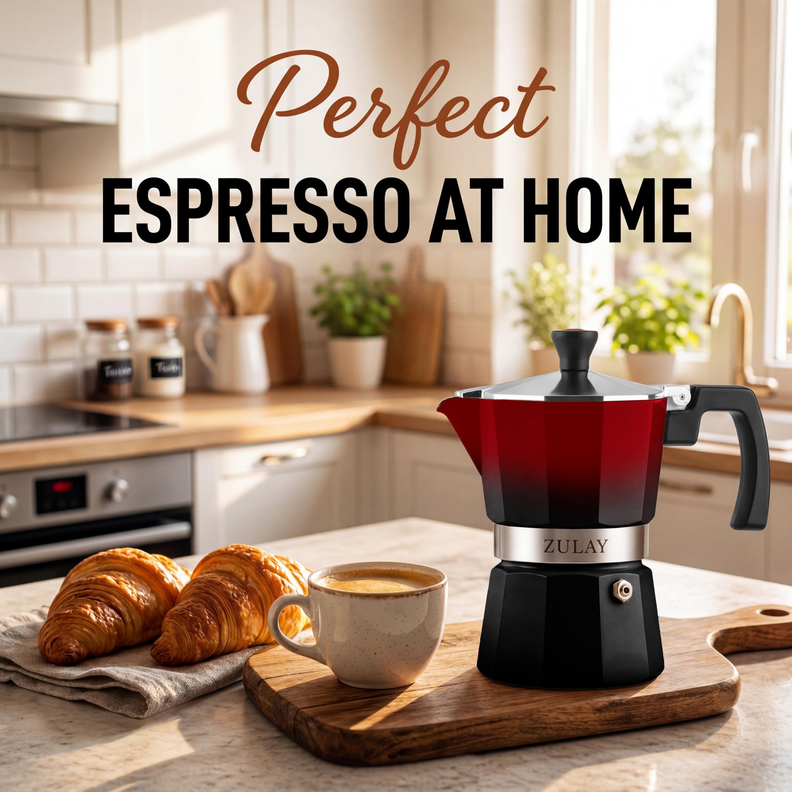 Zulay Kitchen Stovetop Espresso Maker - Moka Pot 3 Espresso Cups - Percolator Coffee Maker for Classic Cuban & Italian Style Espresso - Portable Coffee Maker for Camping & Travel - (Red/Black)