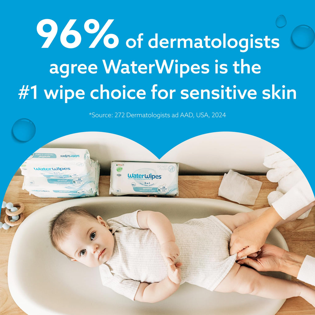 WaterWipes Sensitive+ Newborn & Baby Wipes, 3-In-1 Cleans, Cares, Protects, 99.9% Water, Unscented & Hypoallergenic, 1080 Count (18 Packs)