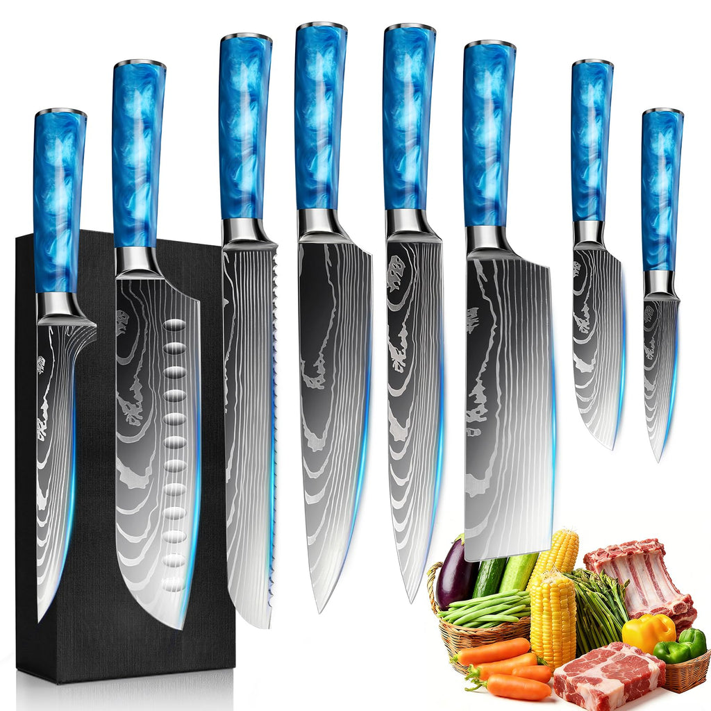FIVE COWS 10-Piece Premium Japanese Kitchen Knife Set - Star Collection, Laser Damascus Pattern, 440A Stainless Steel Ultra Sharp for Fast Cutting (Red)