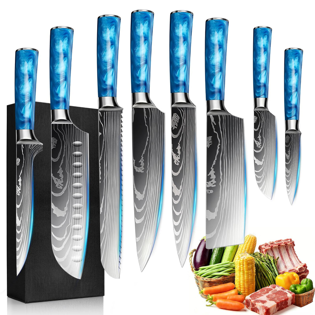 FIVE COWS 10-Piece Premium Japanese Kitchen Knife Set - Star Collection, Laser Damascus Pattern, 440A Stainless Steel Ultra Sharp for Fast Cutting (Red)