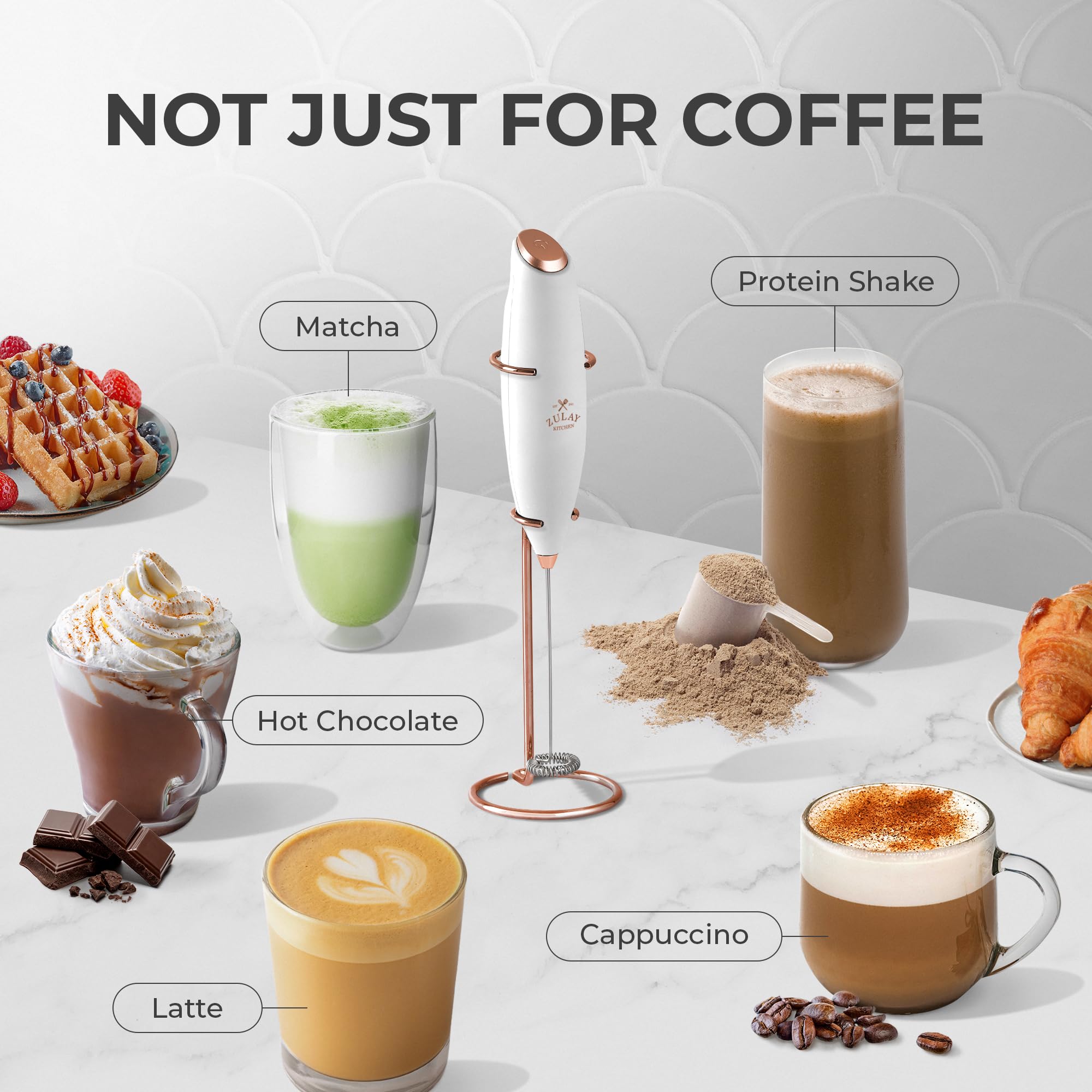 Zulay Kitchen Powerful Milk Frother Wand With Duracell Batteries - Ultra Fast Handheld Drink Mixer - Electric Whisk Foam Maker for Coffee, Lattes, Cappuccino & Matcha - Z1 Motor - White & Rose Gold