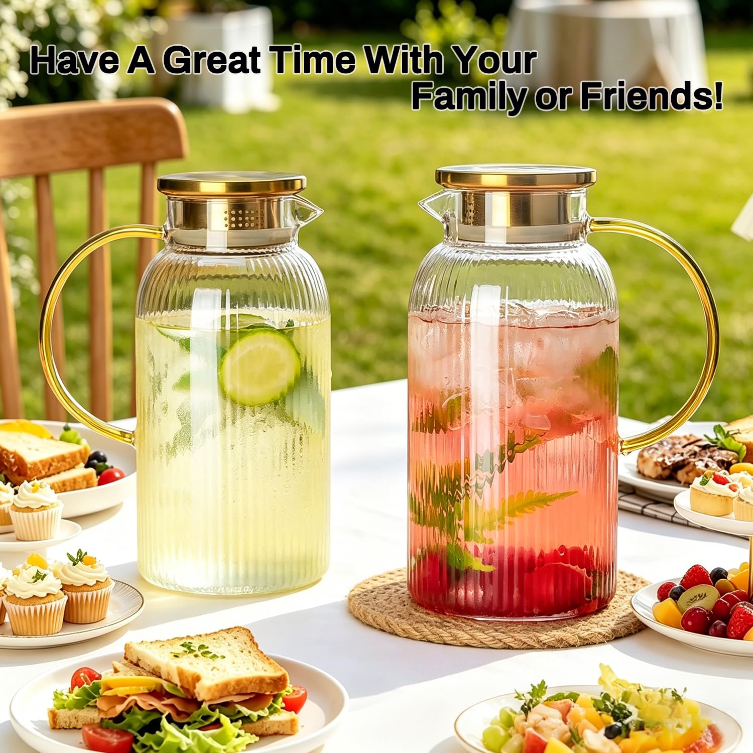 Buaic 2 PACK Glass Pitcher with Lid, 68 oz Glass Carafe with Silicone Base