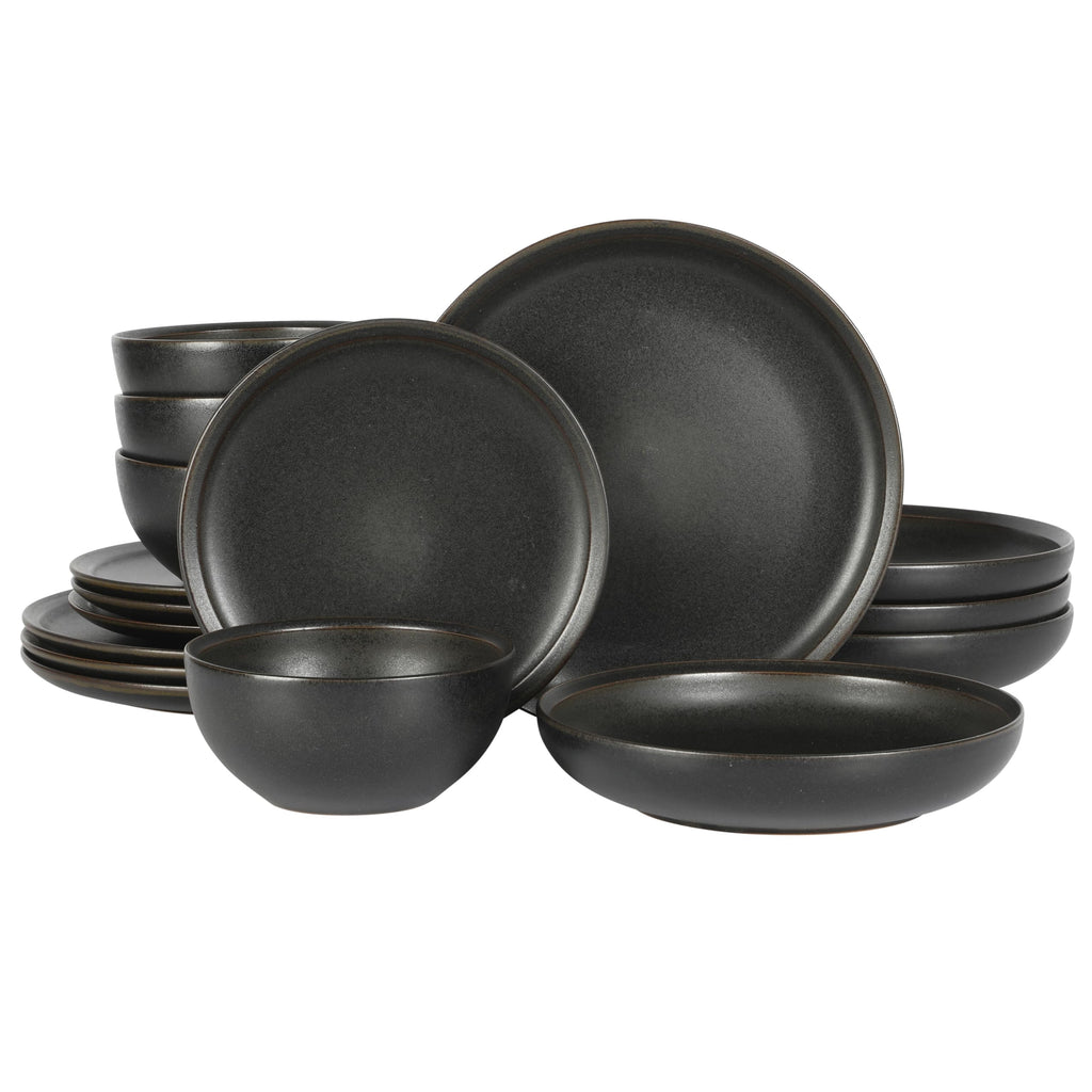 Gibson Elite Rhinebeck 16-Piece Double Bowl Dinnerware Set, Service for 4 – White and Black Stoneware Plates and Bowls