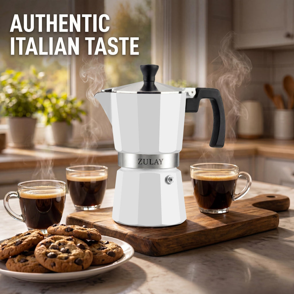 Zulay Moka Pot Espresso Stovetop Coffee Maker - Leak-Proof, Stainless Steel, Easy to Clean, Heat Resistant Handle & Knob - for Authentic Cuban & Italian Style Espresso - Makes 6 Espresso Cups - White