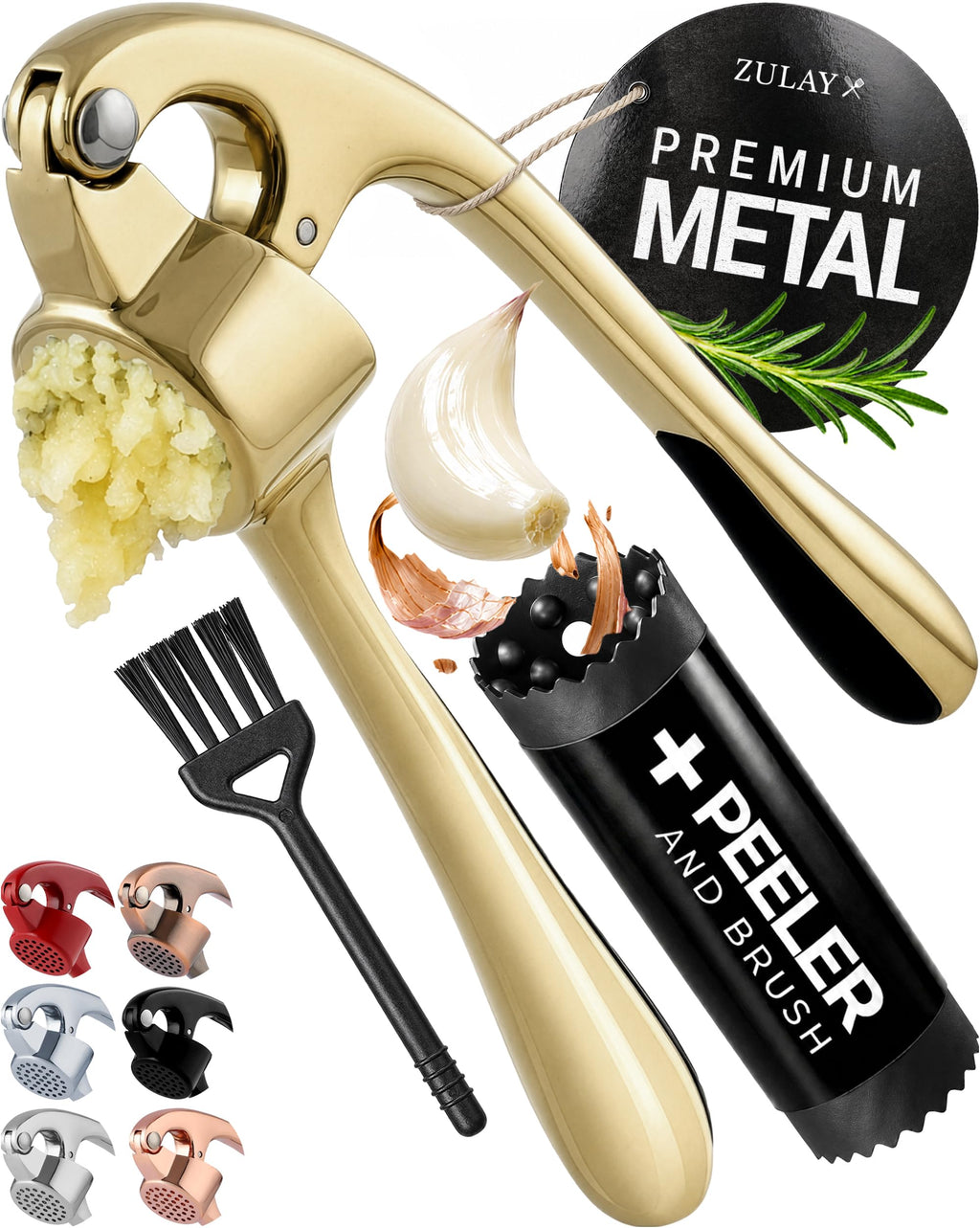 Zulay Kitchen Premium Garlic Press Set - Rust Proof Professional Garlic Mincer Tool - Easy-Squeeze, Easy-Clean with Soft Handle - Silicone Garlic Peeler & Brush (Rose Gold)