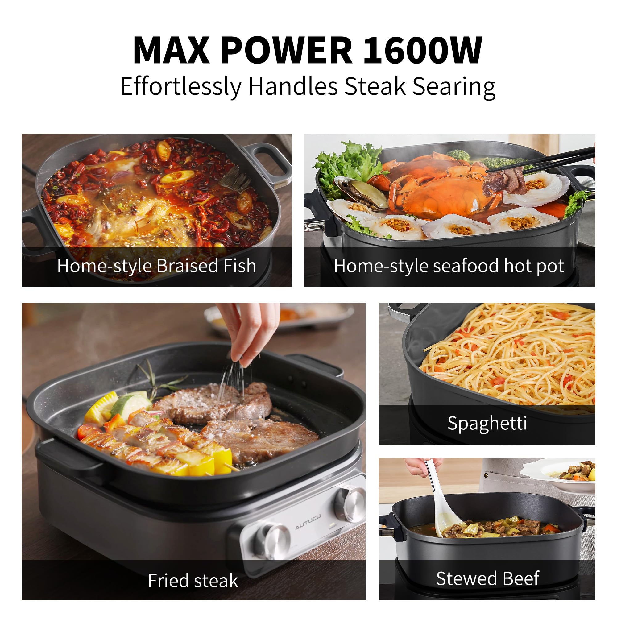 6-Quart Electric Skillet with Grill | Non-Stick PFOA-Free Ceramic-Coated Pot, 1600W, Timer & 3 Power Settings for Steak, Egg, Ramen (Includes Tongs) Pot & Grill