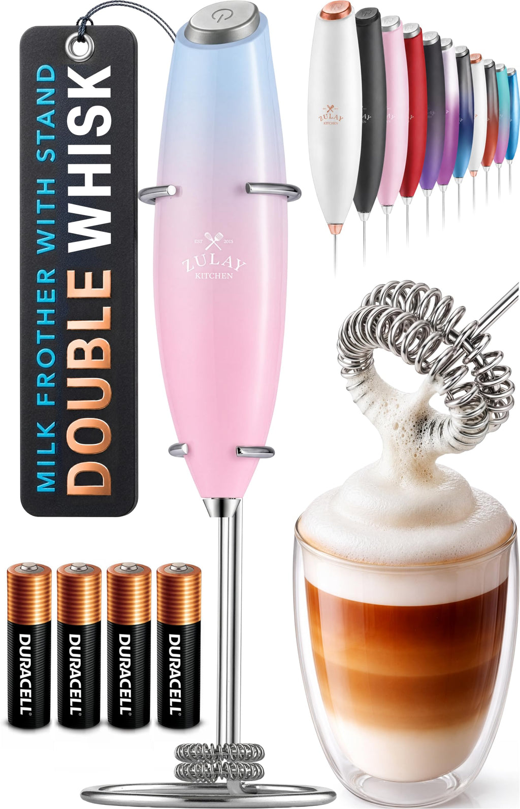 Zulay Kitchen Powerful Milk Frother Wand With Duracell Batteries - Ultra Fast Handheld Drink Mixer - Electric Whisk Foam Maker for Coffee, Lattes, Cappuccino & Matcha - Z1 Motor - Aqua
