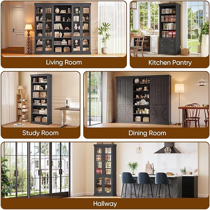 70.8" Tall Farmhouse Bookshelf with Glass Doors, Modular Bookcase with 6-Tier Adjustable Shelves, Large Storage Cabinet for Kitchen, Living Room, Black, Set of 2