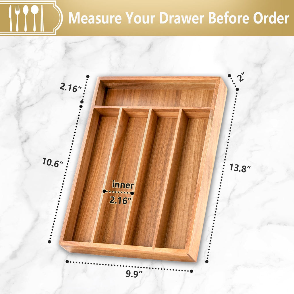 SUNBREATH Silverware Organizer, 10 Inch Utensil Organizer Kitchen Drawer Organizer Acacia Silverware Holder Cutlery Tray Organizer in Drawer Flatware Organizer Tray(5 slots, Acacia