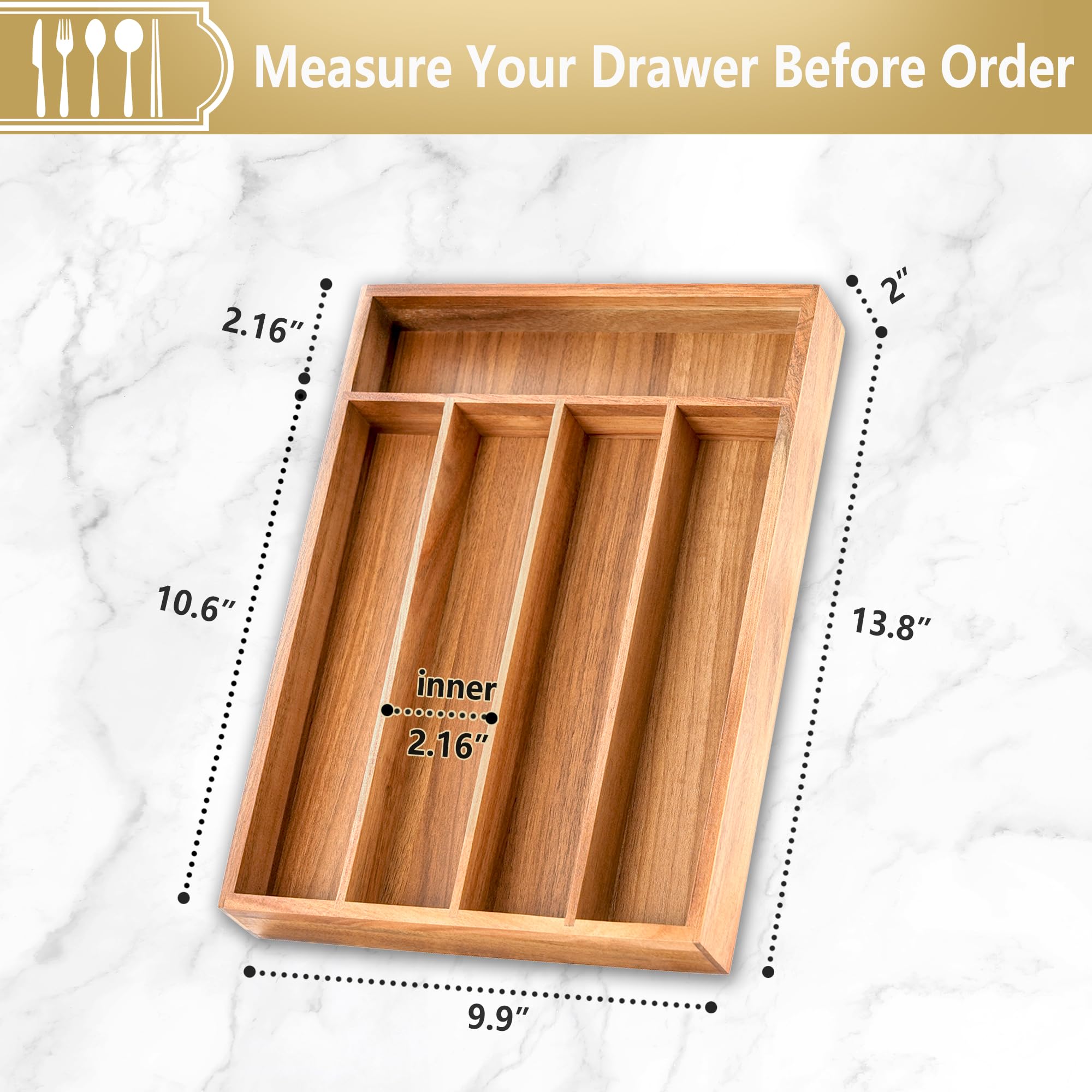 SUNBREATH Silverware Organizer, 10 Inch Utensil Organizer Kitchen Drawer Organizer Acacia Silverware Holder Cutlery Tray Organizer in Drawer Flatware Organizer Tray(5 slots, Acacia