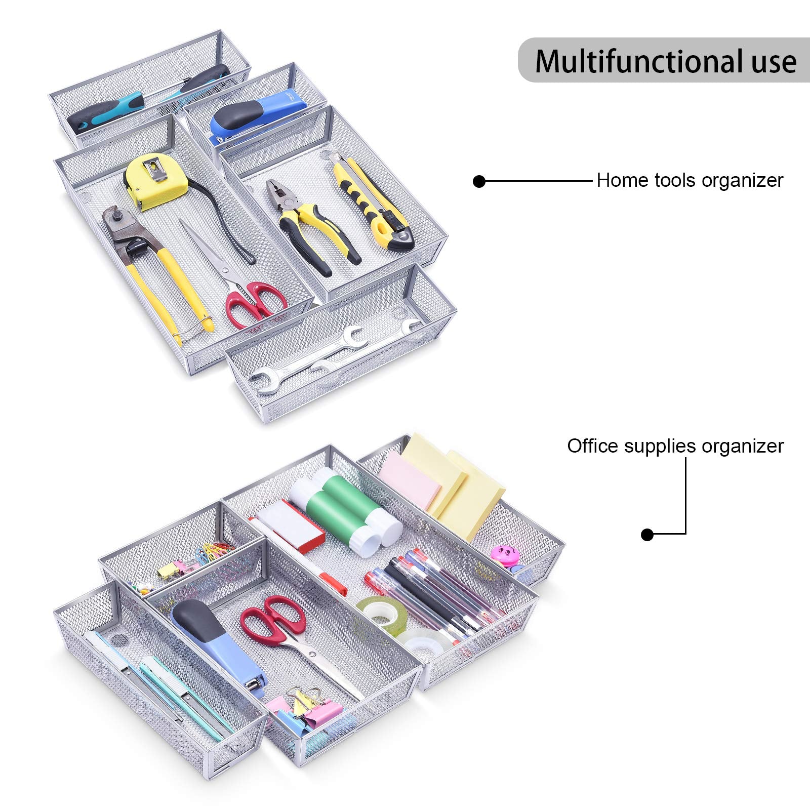 WuGeShop Mesh Silverware Tray Drawer Organizer, Kitchen Utensils Flatware with Anti-slip Mats, Silverware Storage Cutlery Tray for Knives Fork Spoon (5 Separate Compartments, Silver)