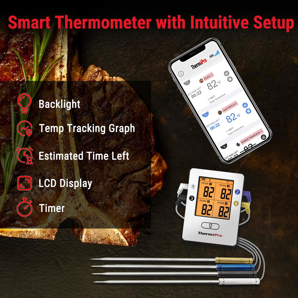 ThermoPro TP25 650FT Wireless Meat Thermometer with 4 Probes, Bluetooth Meat Thermometer for Cooking, BBQ Oven Food Smoker Thermometer Rechargeable, Fathers Day Gift for Him