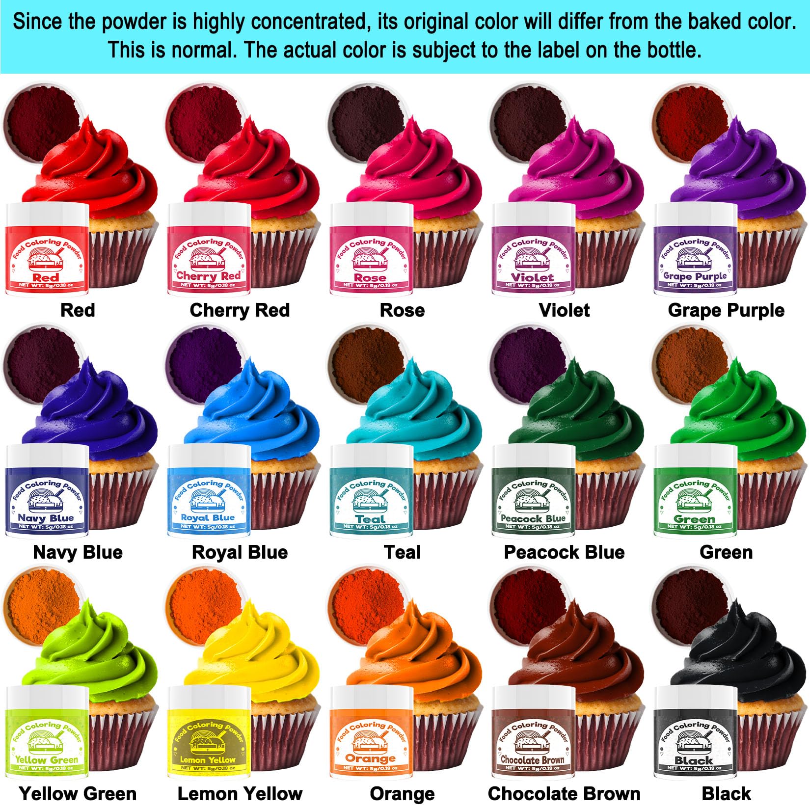 Food Coloring Powder for Baking - 15 Bright Colors Powdered Food Coloring, Flavorless High Concentrated Upgraded Food Dye for Icing, Baking, Cake Decorating, Cooking, Frosting - 5g/each