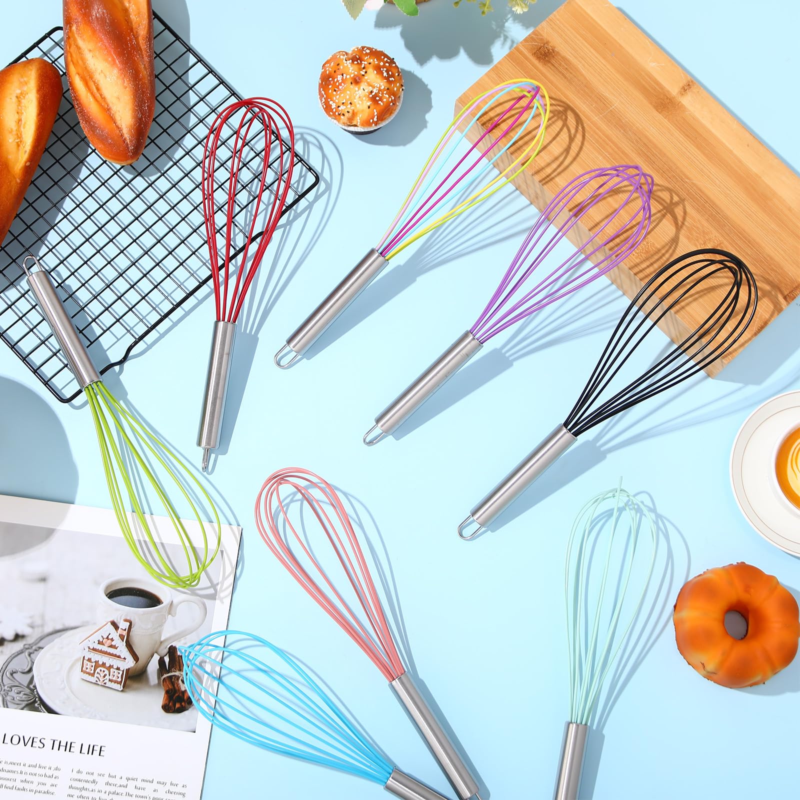 Domensi 16 Pcs 10 Inch Whisks Bulk for Cooking Silicone Whisks Non Scratch Stainless Steel Hand Coated Metal Heat Resistant Egg Beaters for Classroom Cook Party Favor Gift Supplies