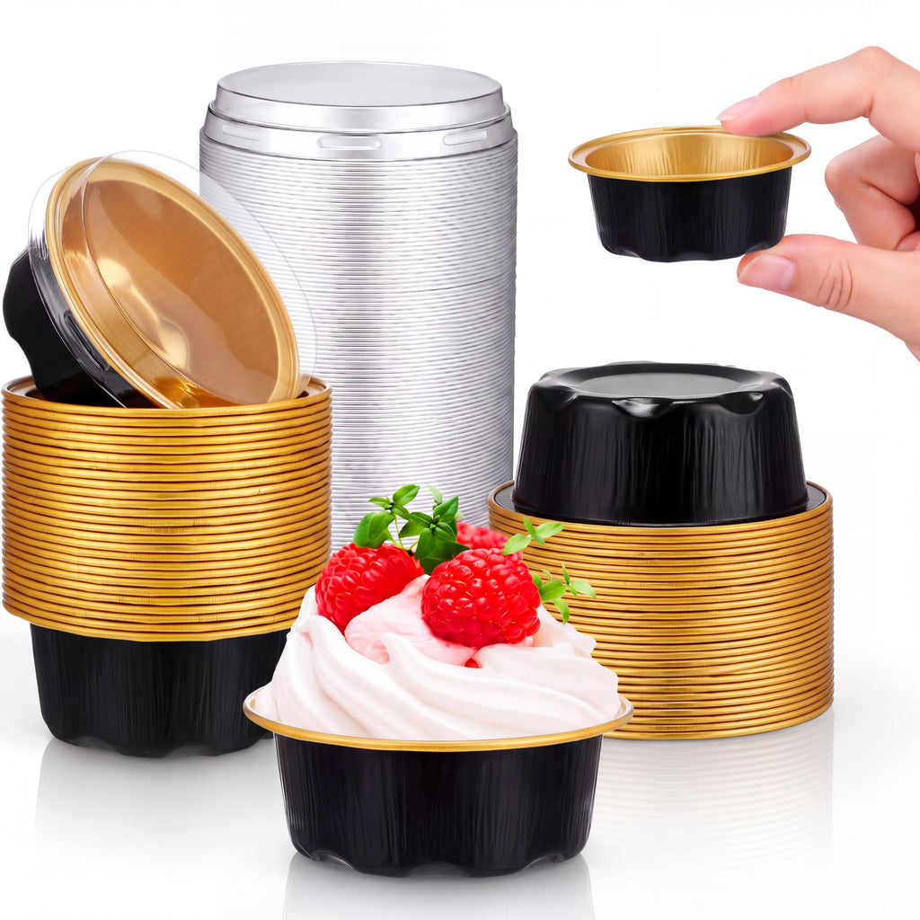Eaasty 150 Pcs 1.6 oz Mini Aluminum Foil Baking Cups with Lids, Gold