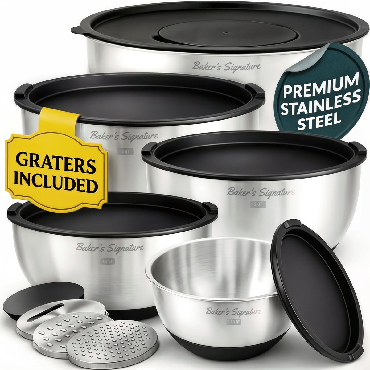 Stainless Steel Mixing Bowls with Lids Set of 5, 3 Graters, Black