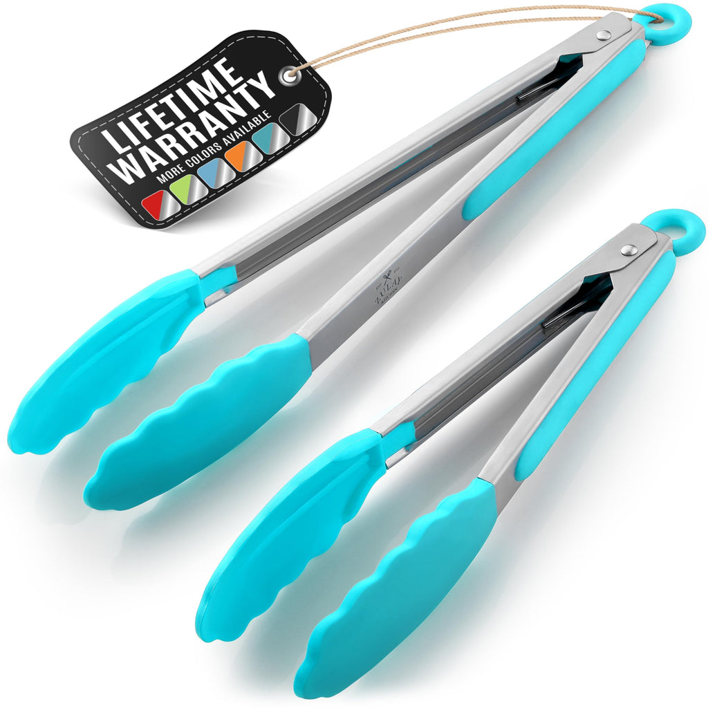 Zulay Stainless Steel Kitchen Tongs with Silicone Tips - Set of 2 (9” & 12”) Locking Cooking Tongs with Non-Slip Grip - Heat Resistant, BBQ Food Tongs for Non-Stick Cooking Pans (Silver/Soft Red)