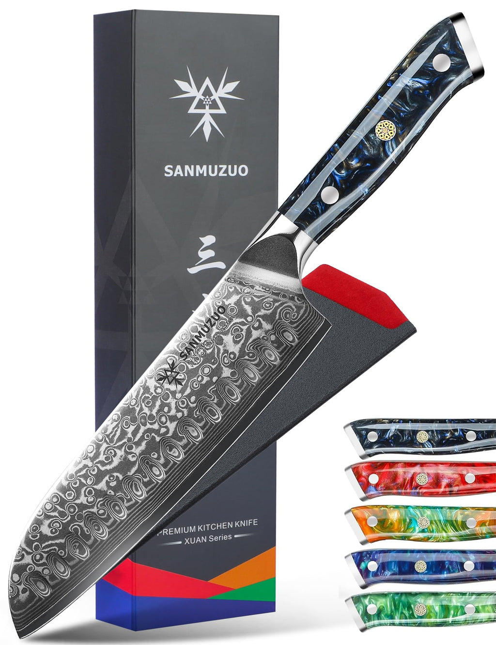 SANMUZUO Santoku Knife - 7 inch - Xuan Series - VG10 Damascus Steel Kitchen Knife - Resin Handle (Sapphire Blue)