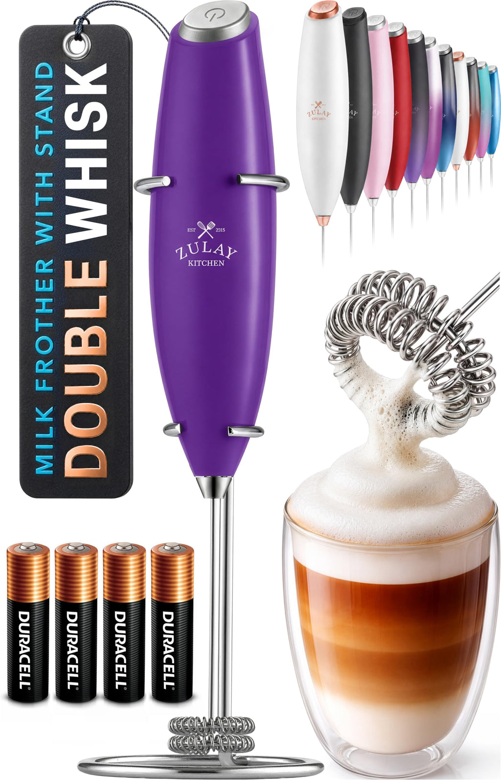 Zulay Kitchen Powerful Milk Frother Wand With Duracell Batteries - Ultra Fast Handheld Drink Mixer - Electric Whisk Foam Maker for Coffee, Lattes, Cappuccino & Matcha - Z1 Motor - Aqua