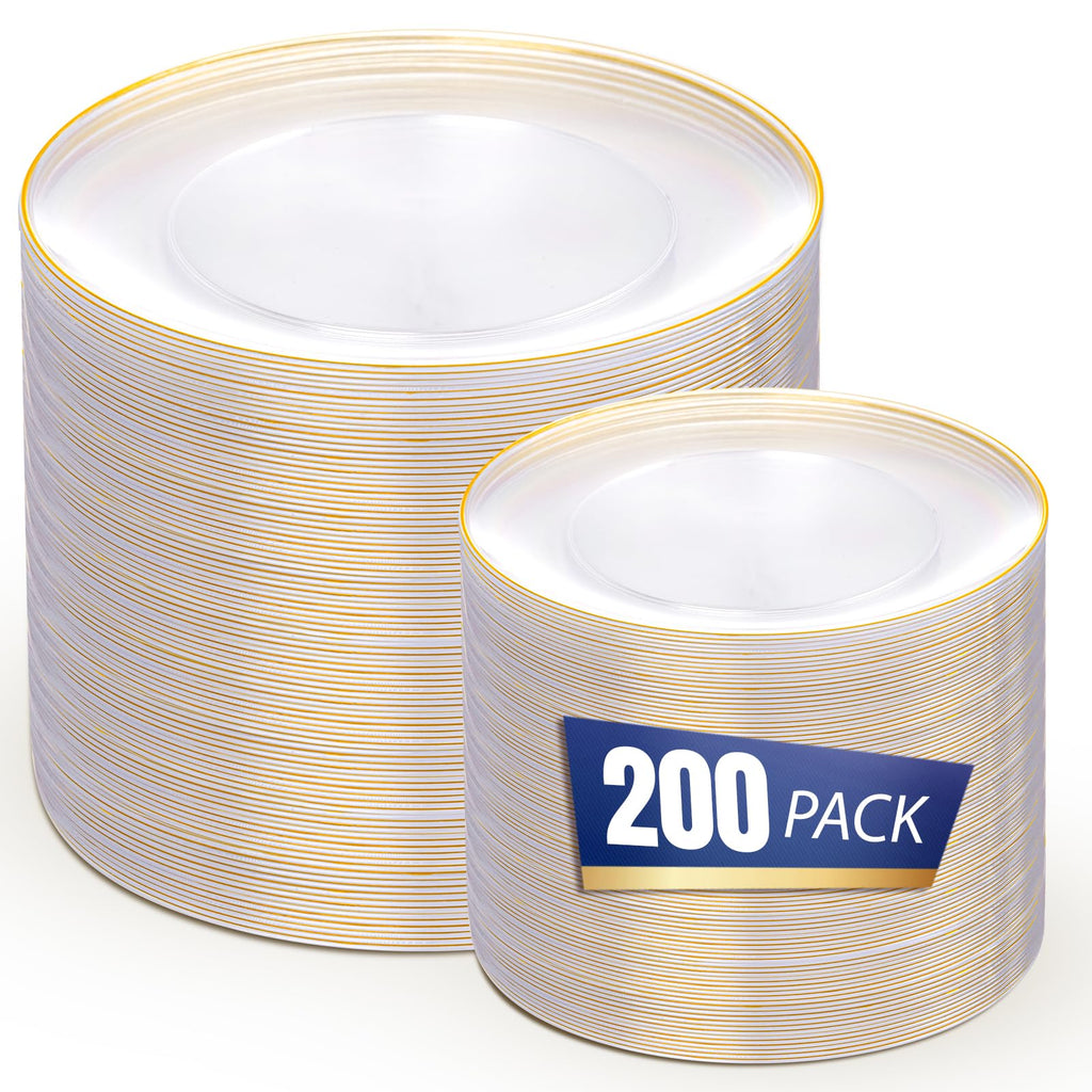 bUCLA 100PCS Clear and Gold Plastic Plates - Clear Disposable With Gold Rim Include 50 Each (10 inch Dinner & 7 inch Dessert) Plates, Ideal for Party & Thanksgiving