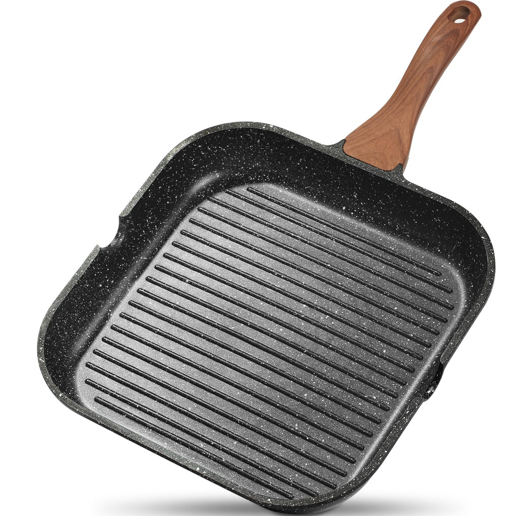 ESLITE LIFE Nonstick Grill Pan for Stove Tops, Versatile Griddle with Pour Spouts, 9.5 Inch Square Big Grilling Skillet Steak Pan for Indoor & Outdoor Cooking, PTFE & PFOA Free, Black
