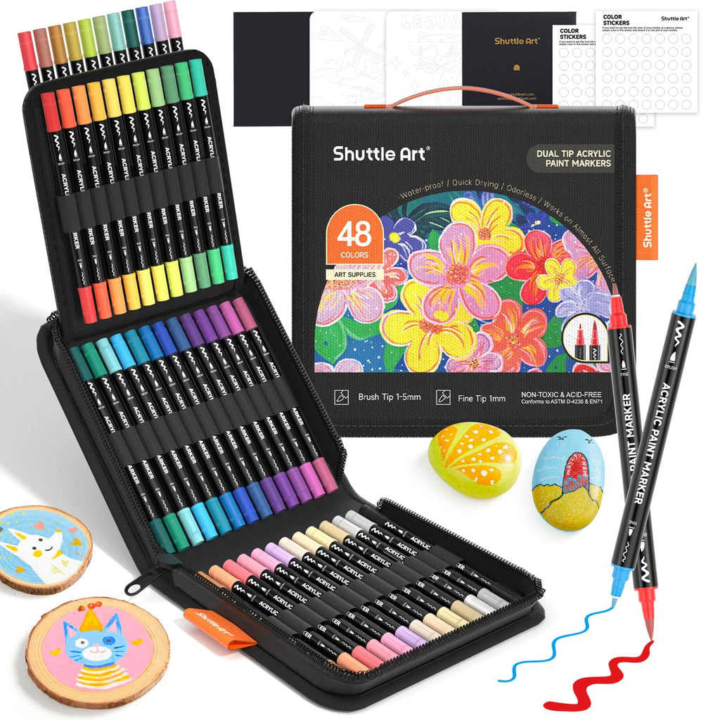 Shuttle Art 36 Colors Dual Tip Acrylic Paint Markers, Brush and Fine Tip for Rock Painting, Ceramic, Wood, Canvas, Plastic, Glass, Stone, Calligraphy, Card Making, DIY Crafts