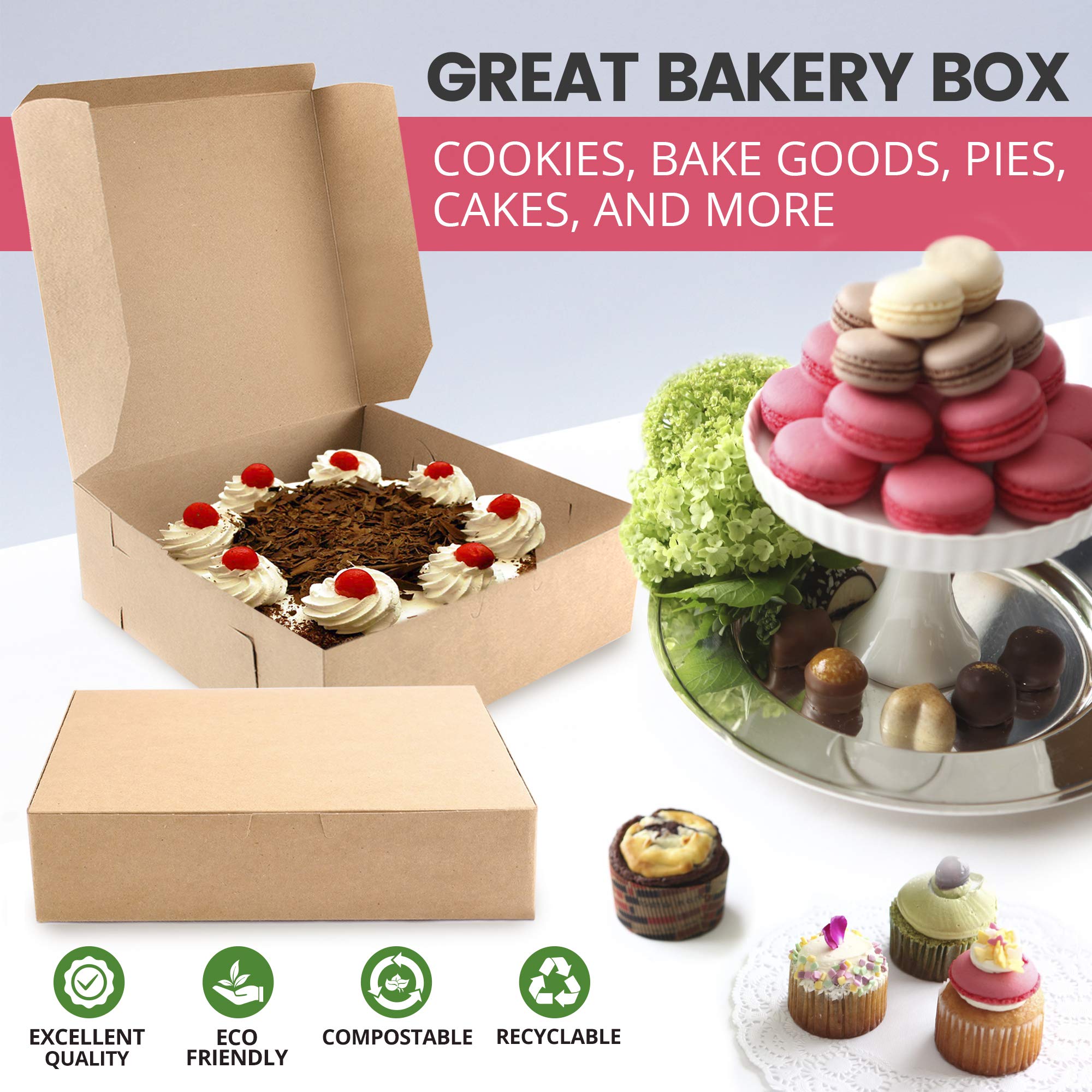 Fit Meal Prep 25 Pack Kraft Bakery Boxes, 9 x 9 x 3 Inches Brown Pastry Boxes, Cardboard Treat Boxes Pie Boxes Cookie Boxes Dessert Boxes for Cupcakes, Chocolates, Donuts, Macarons