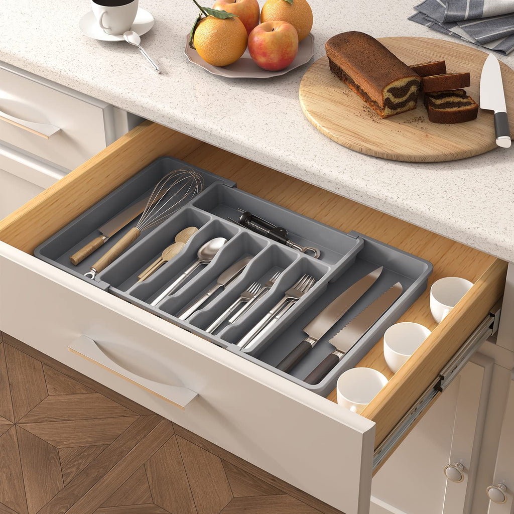 Lifewit Extra Large Silverware Drawer Organizer, Expandable Utensil Tray for Kitchen, BPA Free Flatware and Cutlery Holder, Adjustable Plastic Storage for Spoons Forks Knives, 13-22 x 15, Gray