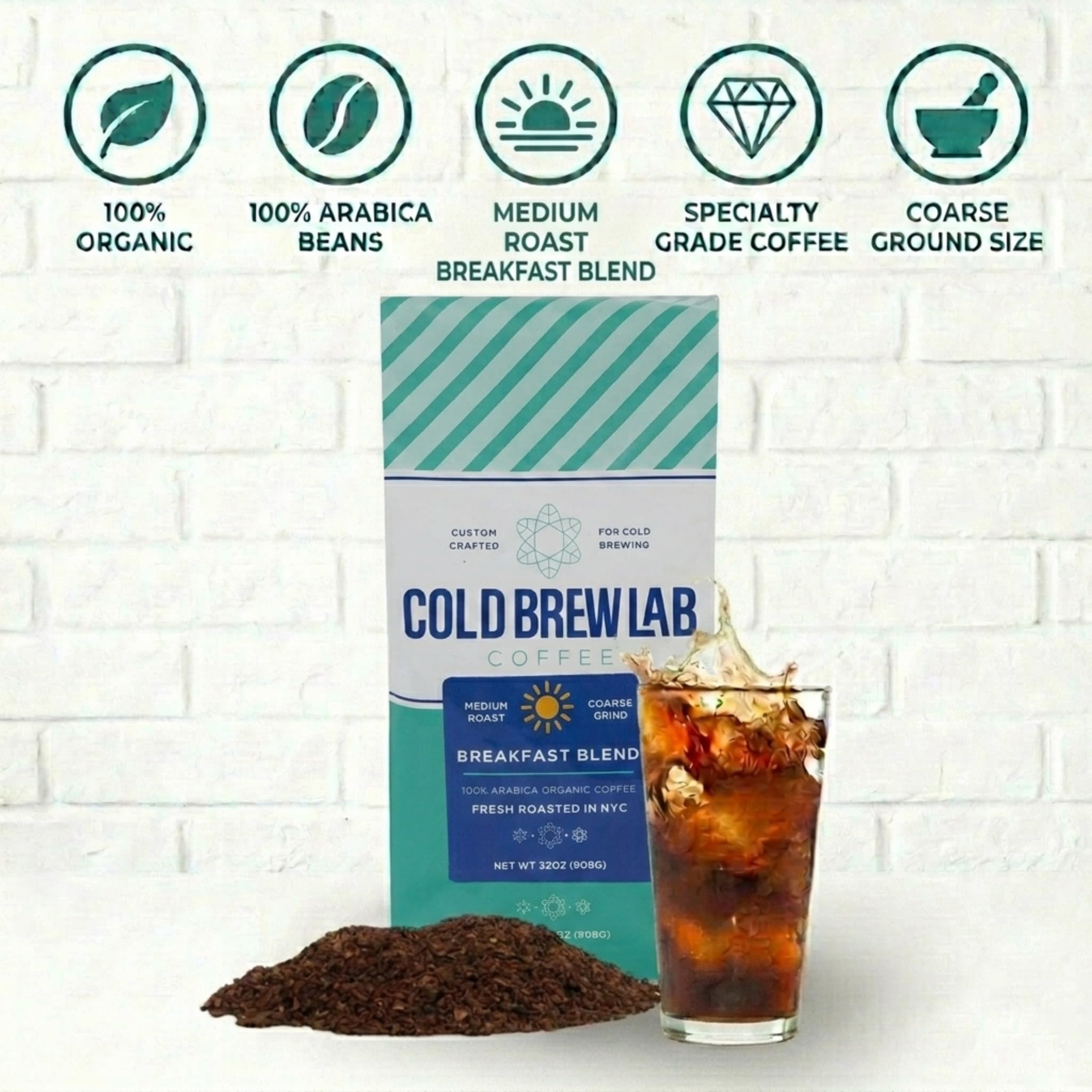 Cold Brew Organic Breakfast Blend Coffee, Coarse Ground, Medium Roast, 2 LB, for Cold Brewing & French Press