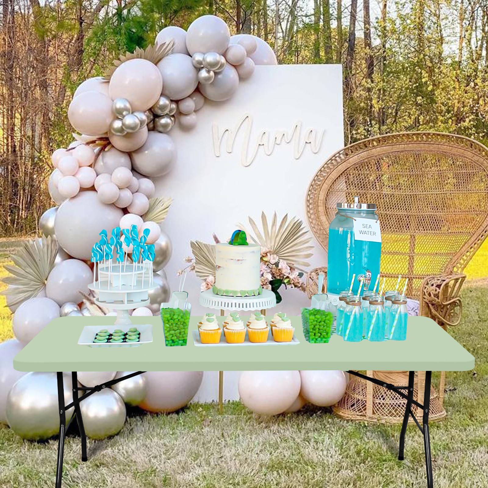 6 Pack Stretch Fabric Table Top Cap Cover, fits 8' Tables, Spandex Table Covers Washable Elastic Rectangle Tablecloth Protector for Indoor Outdoor Party Picnic Wedding, Sage Green, 30" W x 96" L