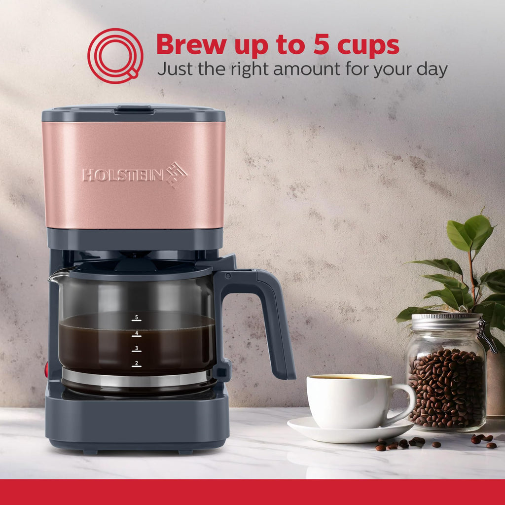 Holstein Housewares 5 Cup Coffee Maker – Compact Drip Coffee Machine with Auto Pause & Serve, Reusable Filter, Glass Carafe, Water Window & Warming Plate. Dark Grey & Rose Gold